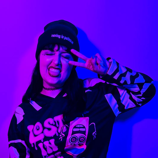Raving is Political Beanie model shot