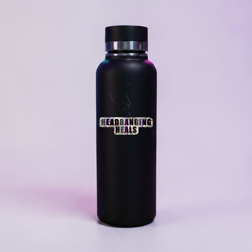 Mockup of Headbanging Heals Glitter Dubstep Sticker on water bottle