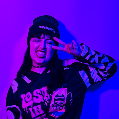 Raving is Political Beanie model shot