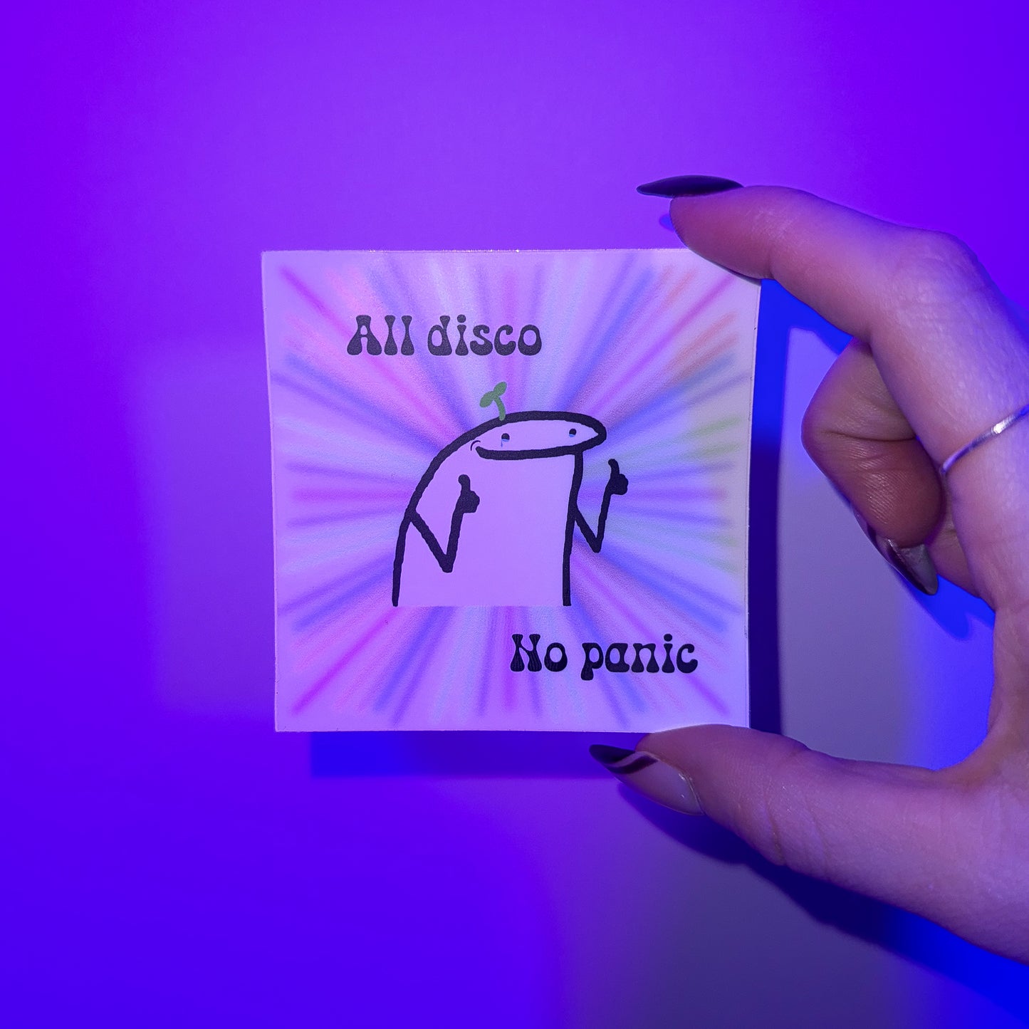 All Disco No Panic Rave Sticker studio shot in hand