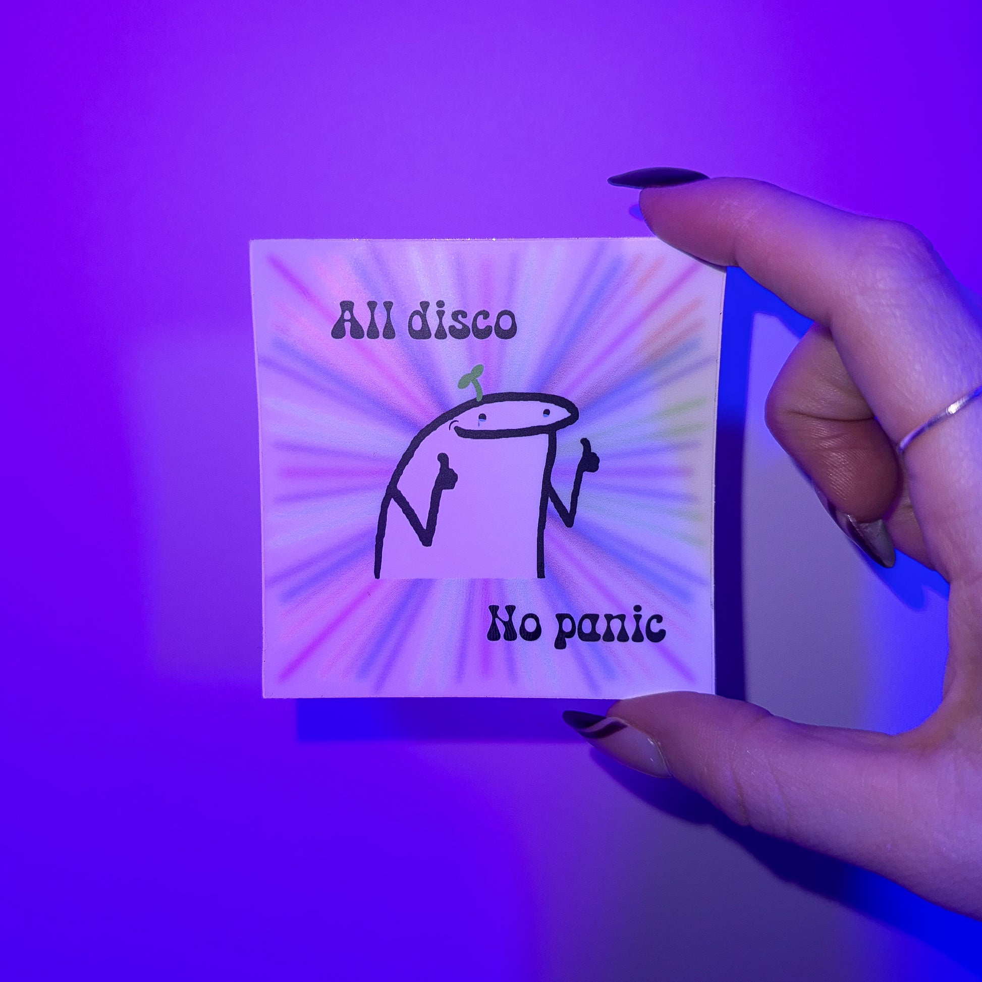 All Disco No Panic Rave Sticker studio shot in hand