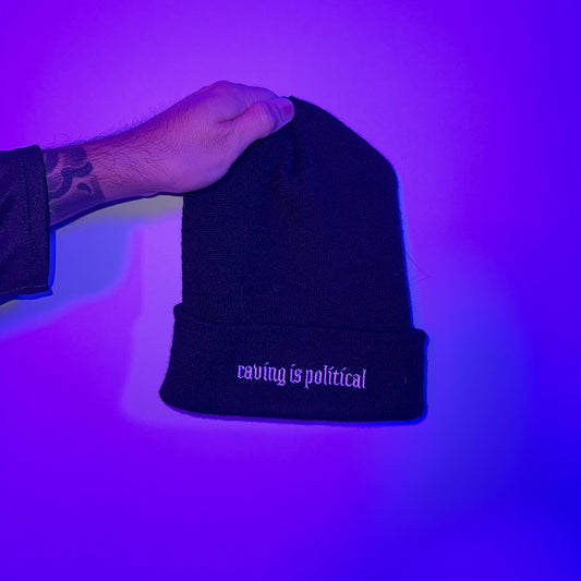 Raving is Political Beanie studio shot