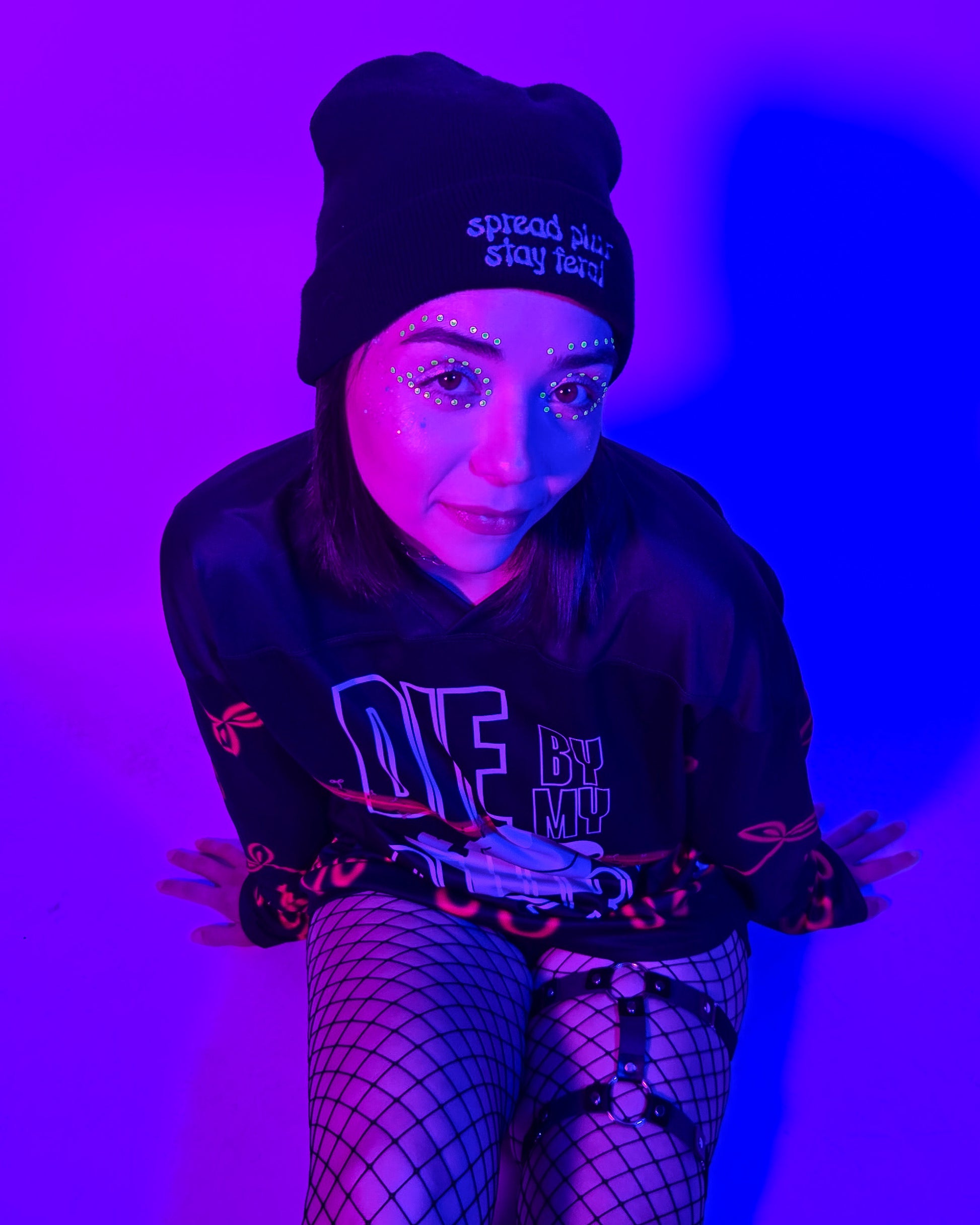 Spread Plur Stay Feral Beanie model shot