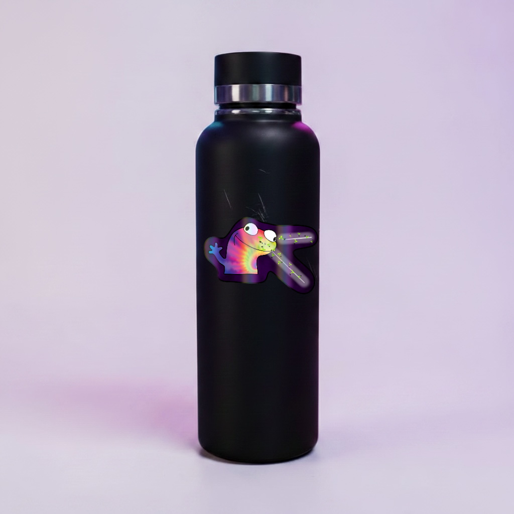 Lizard Meme Holographic Sticker mockup on water bottle