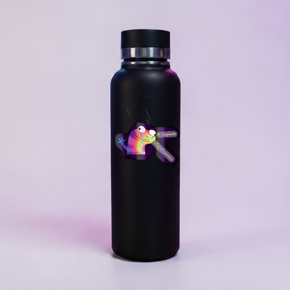 Lizard Meme Holographic Sticker mockup on water bottle