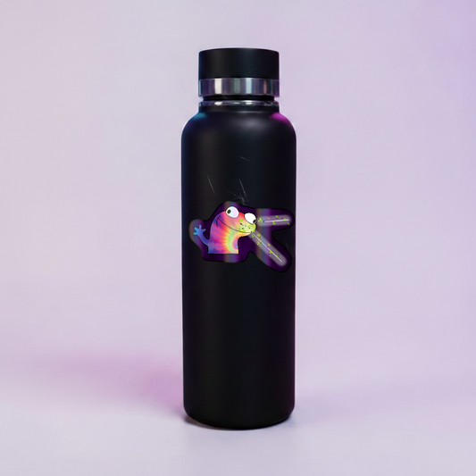 Lizard Meme Holographic Sticker mockup on water bottle