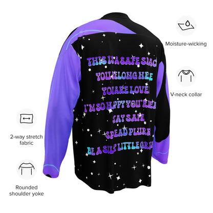 Take Care Rave Jersey mockup side with product specs